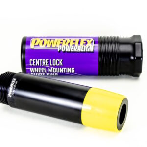 Two cylindrical bike tools: Powerflex PowerAlign centre-lock wheel-mounting guide pins, one with a purple label and the other with a yellow end cap.