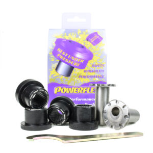 Powerflex performance bushing kit with black polyurethane bushings, metal sleeves, and a flange in front of purple packaging.