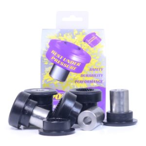 Assorted black metal and rubber bushings and spacers arranged in front of a colorful box featuring a purple tool labeled ‘Best Under Pressure’