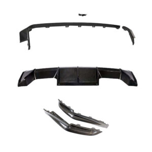 Carbon fiber car aero kit: front splitter, central diffuser, and two curved side pieces.