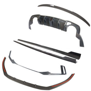 Assorted carbon fiber car body kit parts (front splitter, side skirts, rear diffuser) laid out on white background.