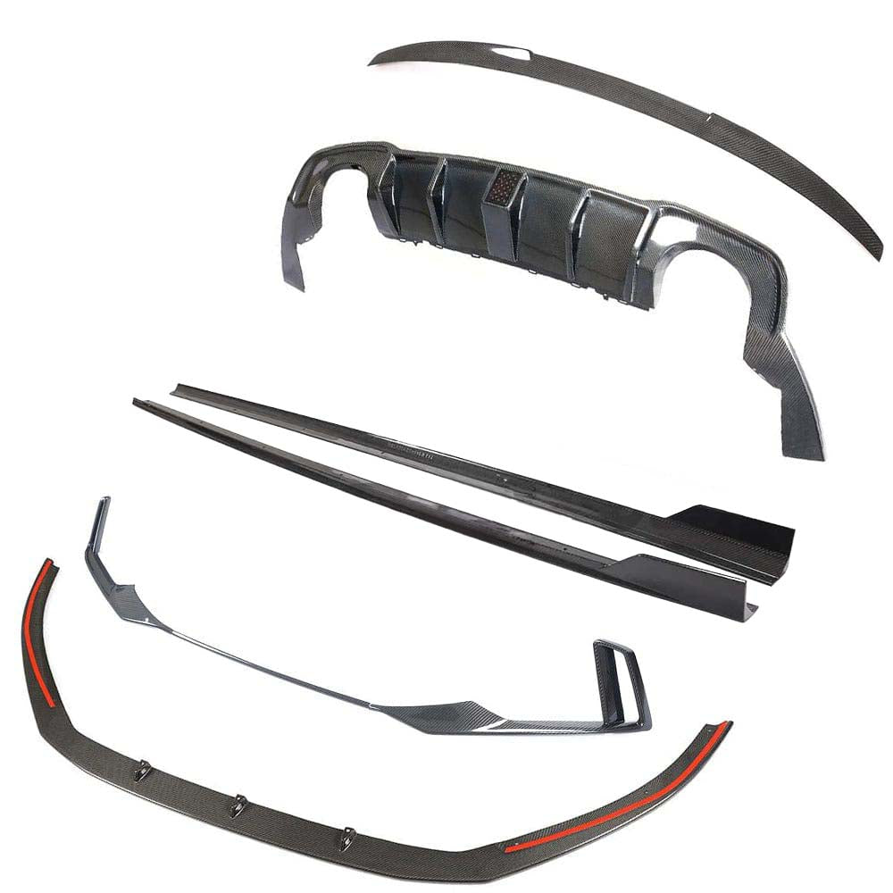 V3jpg - OPSHOLDERS Assorted carbon fiber car body kit parts (front splitter, side skirts, rear diffuser) laid out on white background.