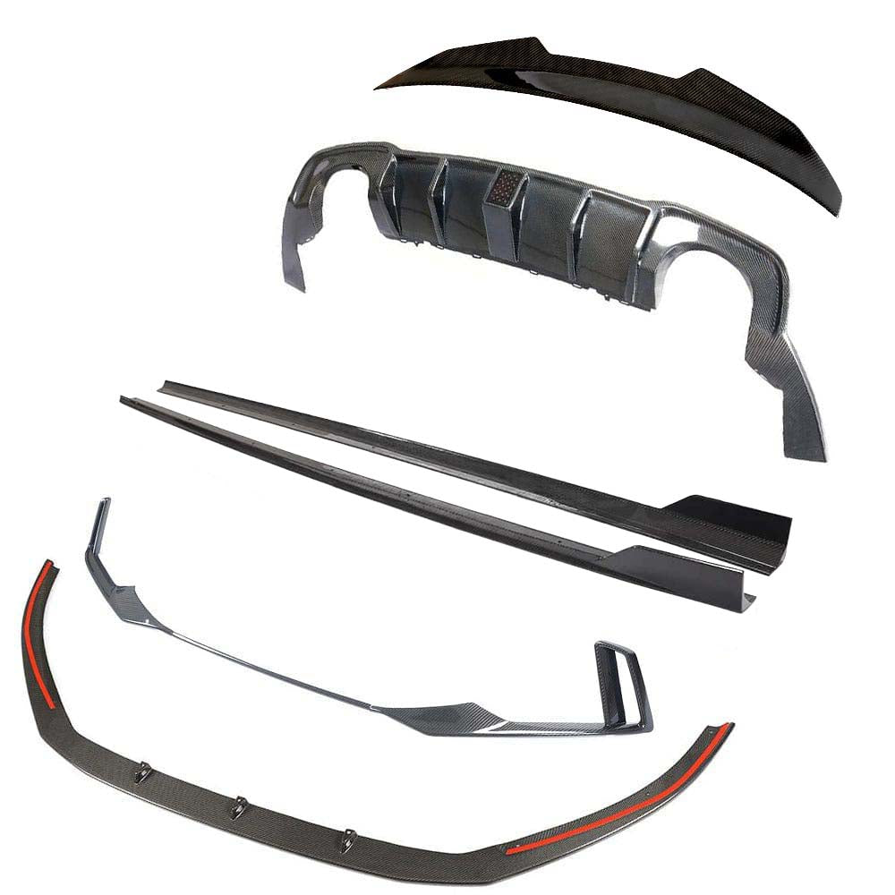 V4jpg - OPSHOLDERS Carbon fiber car aero kit parts laid out on white background: front bumper lip, side skirts, rear diffuser, and wing elements for a sports car's body kit
