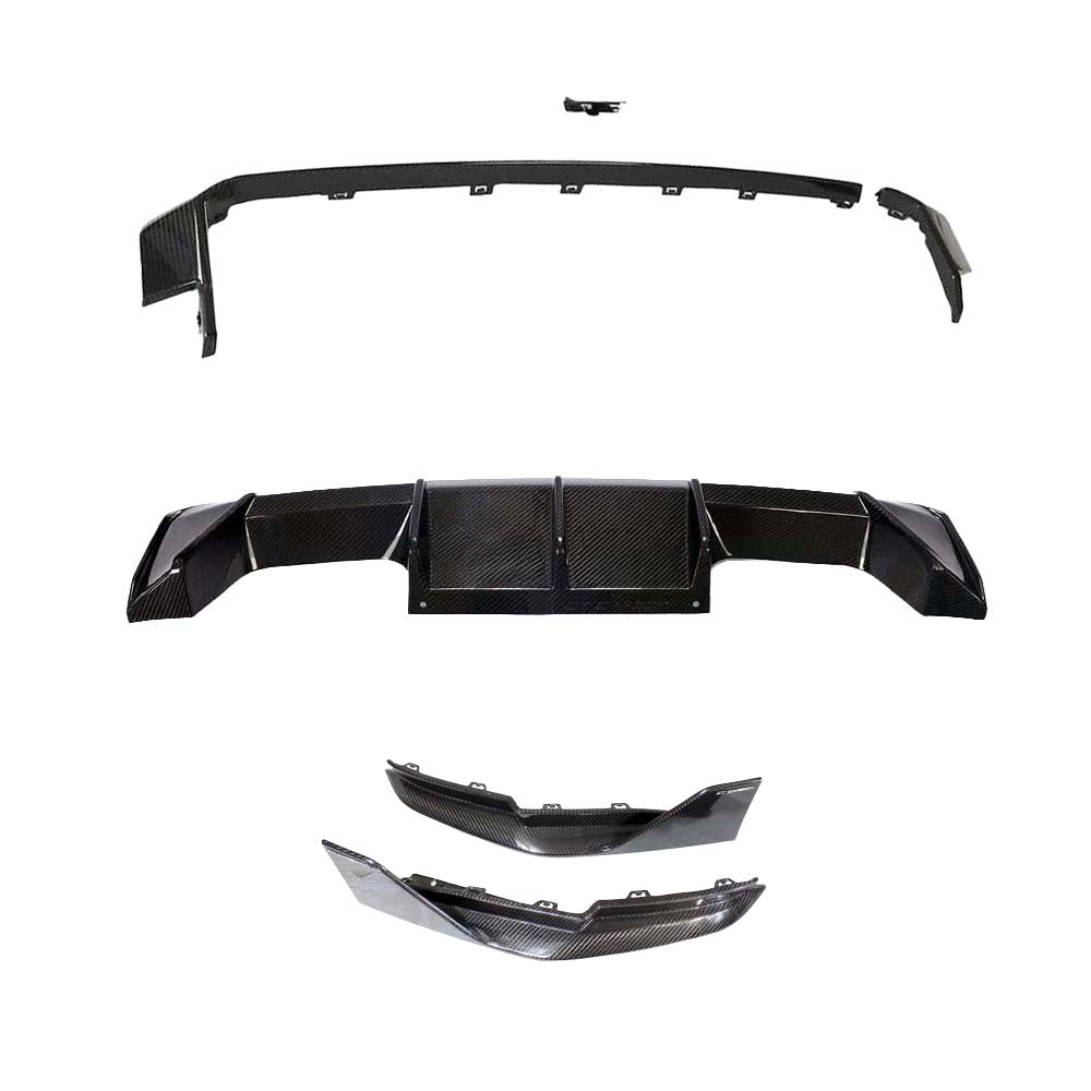 V6jpg - OPSHOLDERS Set of carbon fiber car body kit parts: front splitter, side skirts, and rear diffusers laid out separately for assembly.
