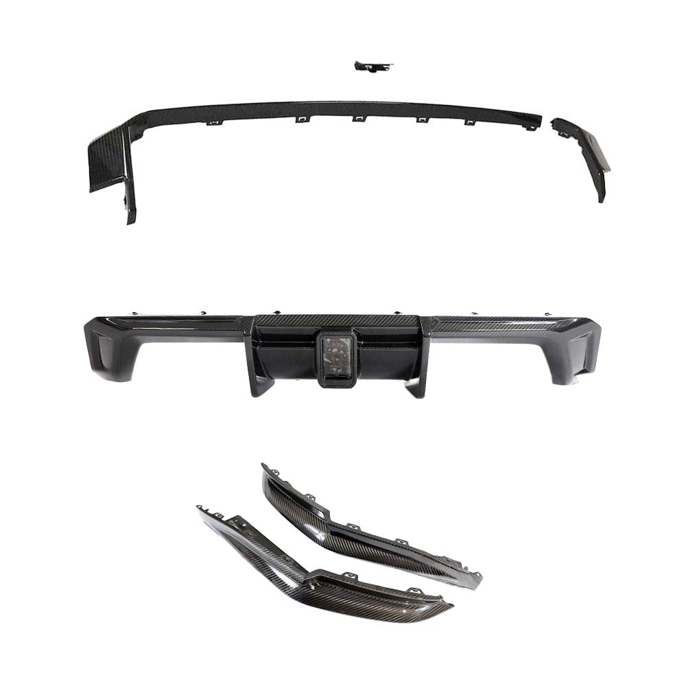 V7jpg - OPSHOLDERS Carbon fiber-style car bumper kit with upper trim, center rear bumper piece, and two lower side diffusers shown separately.