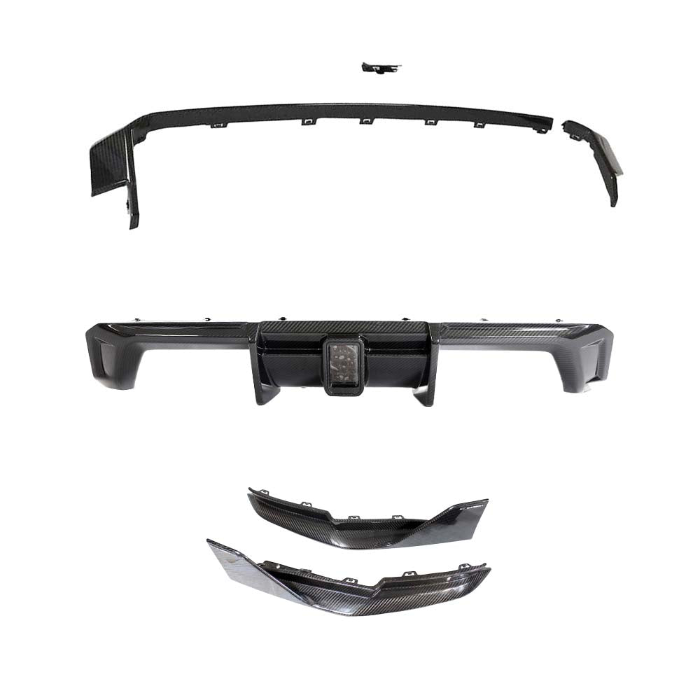 V8jpg - OPSHOLDERS Carbon fiber automotive body kit parts: a curved lip spoiler, a central rear bumper with hitch area, and two lower splitter pieces.