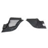 Carbon fiber car body panel pair with a central mesh vent on the left piece and curved aerodynamic shapes on both pieces.
