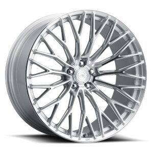 High-polish alloy car wheel with a intricate multi-spoke design and central hub logo, shown at an angle