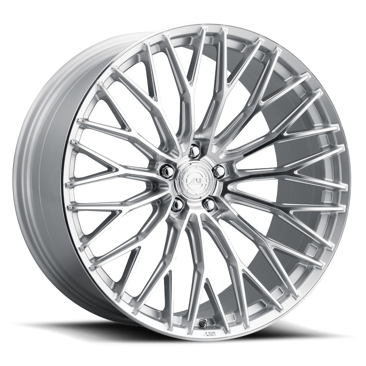 al13-wheels-fr100-ms_1_1jpg - OPSHOLDERS High-polish alloy car wheel with a intricate multi-spoke design and central hub logo, shown at an angle
