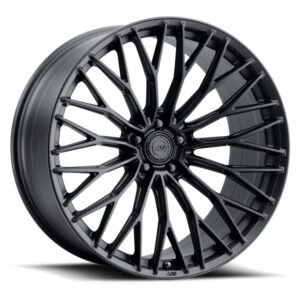 Black multi-spoke alloy car wheel with intricate spoke pattern and center cap detailing, shown at a slight angle for product photography.