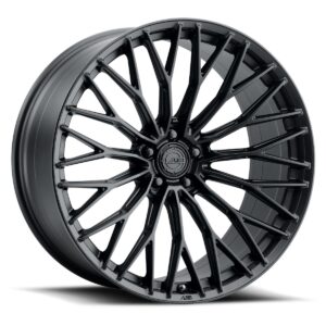 Glossy black multi-spoke alloy car wheel with intricate spoke pattern and center cap detail