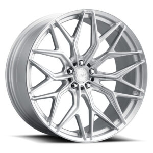 Silver alloy car wheel rim with a complex multi-spoke design and polished finish.