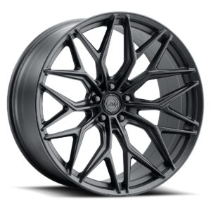 Black multi-spoke alloy car wheel with a glossy finish and a centered logo cap