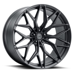Black glossy alloy car wheel with a complex multi-spoke design and center hub cap.