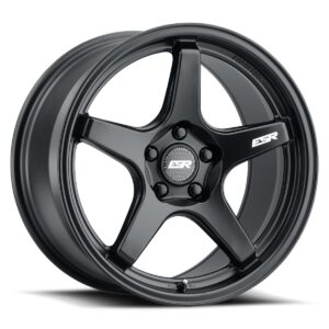 Black five-spoke alloy car wheel with center cap and bolt holes, matte finish