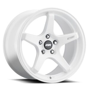 White 5-spoke alloy car wheel with a centered hub cap and five lug nut holes