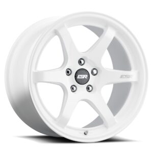 White five‑spoke alloy wheel with center cap and five lug nut holes
