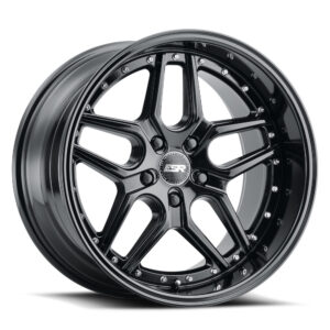 Black glossy alloy car wheel with a multi-spoke design and a center cap touchpoint at the hub