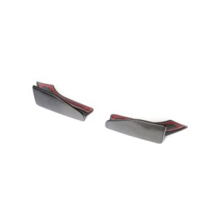 Two carbon-fiber curved car interior trim pieces with red lining.