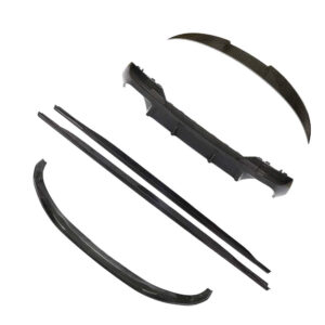 Set of car windshield wiper blades and replacement parts laid out separately (curved blade, refills, and frame components).