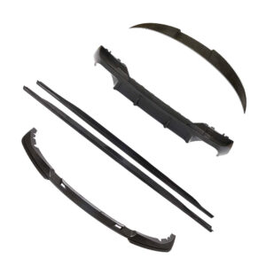 Set of black automotive body parts laid out on a white background, including curved bumper pieces and long side strips (carbon-fiber look).
