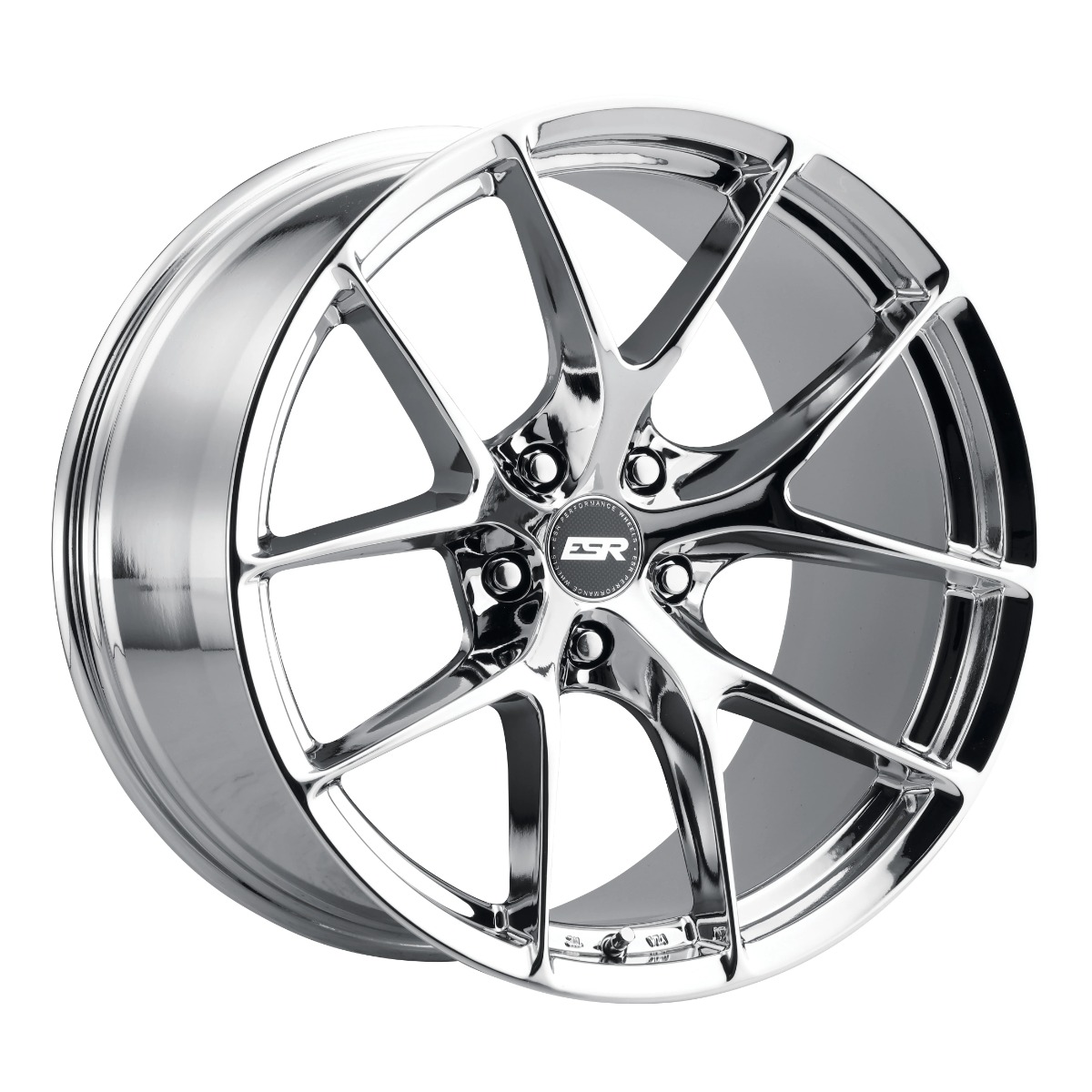 esr-905-wheel-5lug-chrome-19x10-5_5jpg - OPSHOLDERS Polished chrome alloy wheel with a multi-spoke design and an ESR center badge as seen on a car rim.