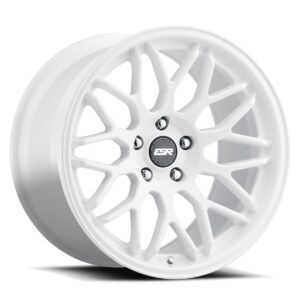 White multi-spoke alloy wheel with a center cap and visible lug nut holes