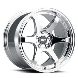 Shiny chrome alloy wheel with a five-spoke design and center hub cap.