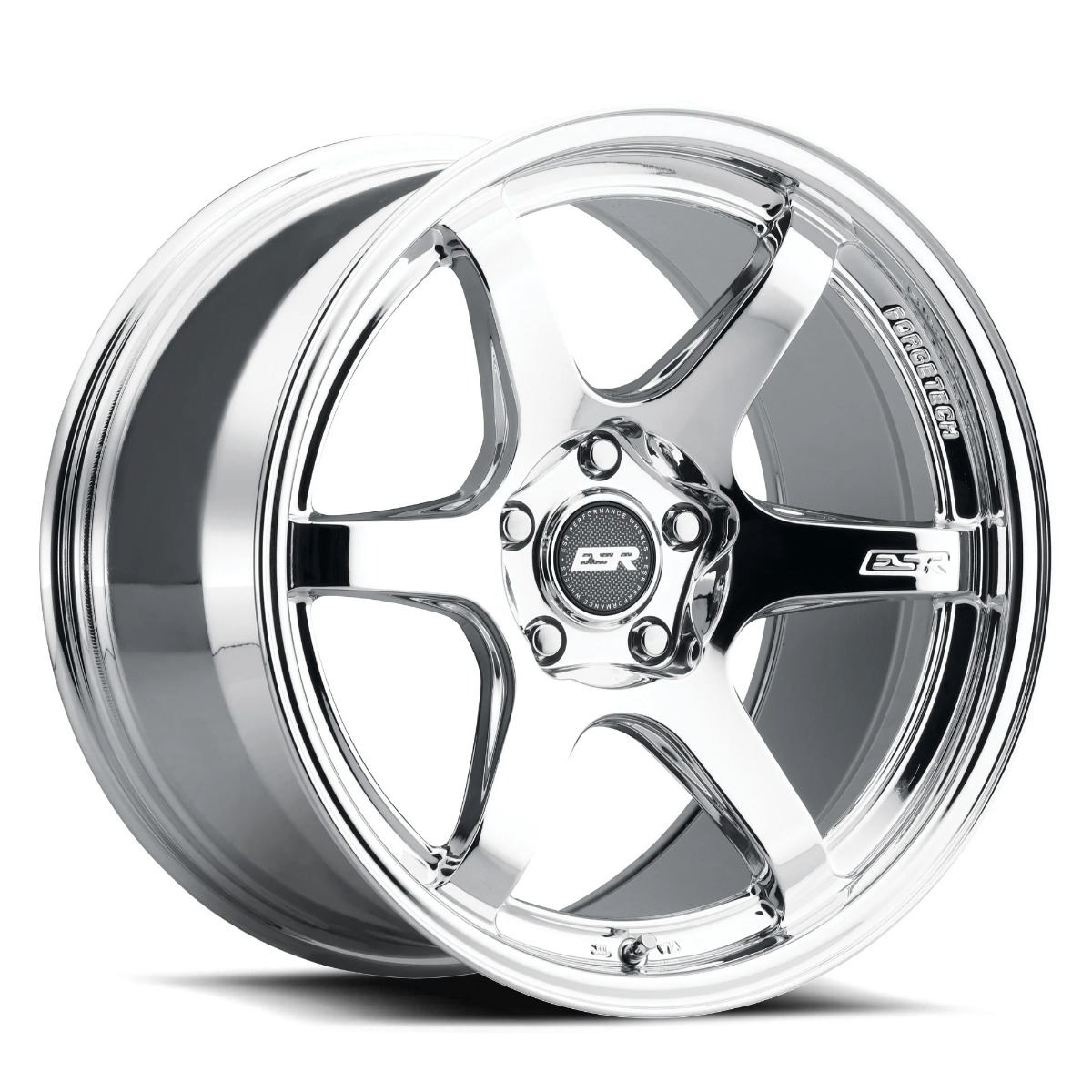 esr-apx6-wheel-5lug-chrome-18x10-5-2000_b8c6555e-1ace-43f0-b7df-d3ad89dfc9eajpg - OPSHOLDERS Shiny chrome alloy wheel with a five-spoke design and center hub cap.