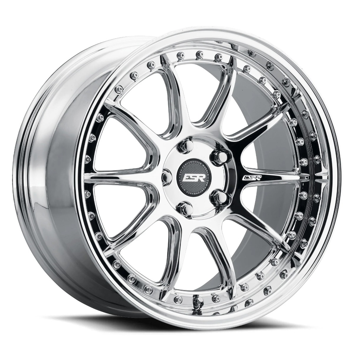 esr-cs12-wheel-5lug-chrome-18x9-5-2000jpg - OPSHOLDERS Polished chrome alloy wheel with a multi-spoke design and rivet-lined lip, center cap visible.