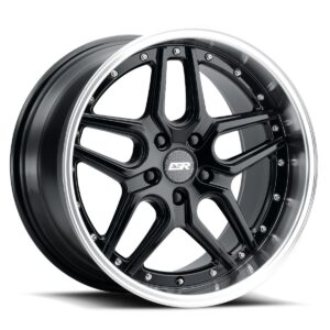 Black glossy alloy wheel with a six-spoke design and a polished silver rim, center cap featuring a logo.