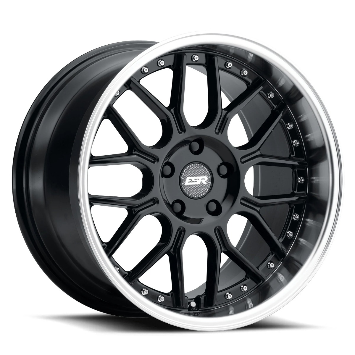 esr-cs18-wheel-5lug-gloss-black-machined-lip-18x10-5-2000jpg - OPSHOLDERS Black multi-spoke alloy wheel with a polished silver lip and small bolt details around the rim; center cap shows a logo.