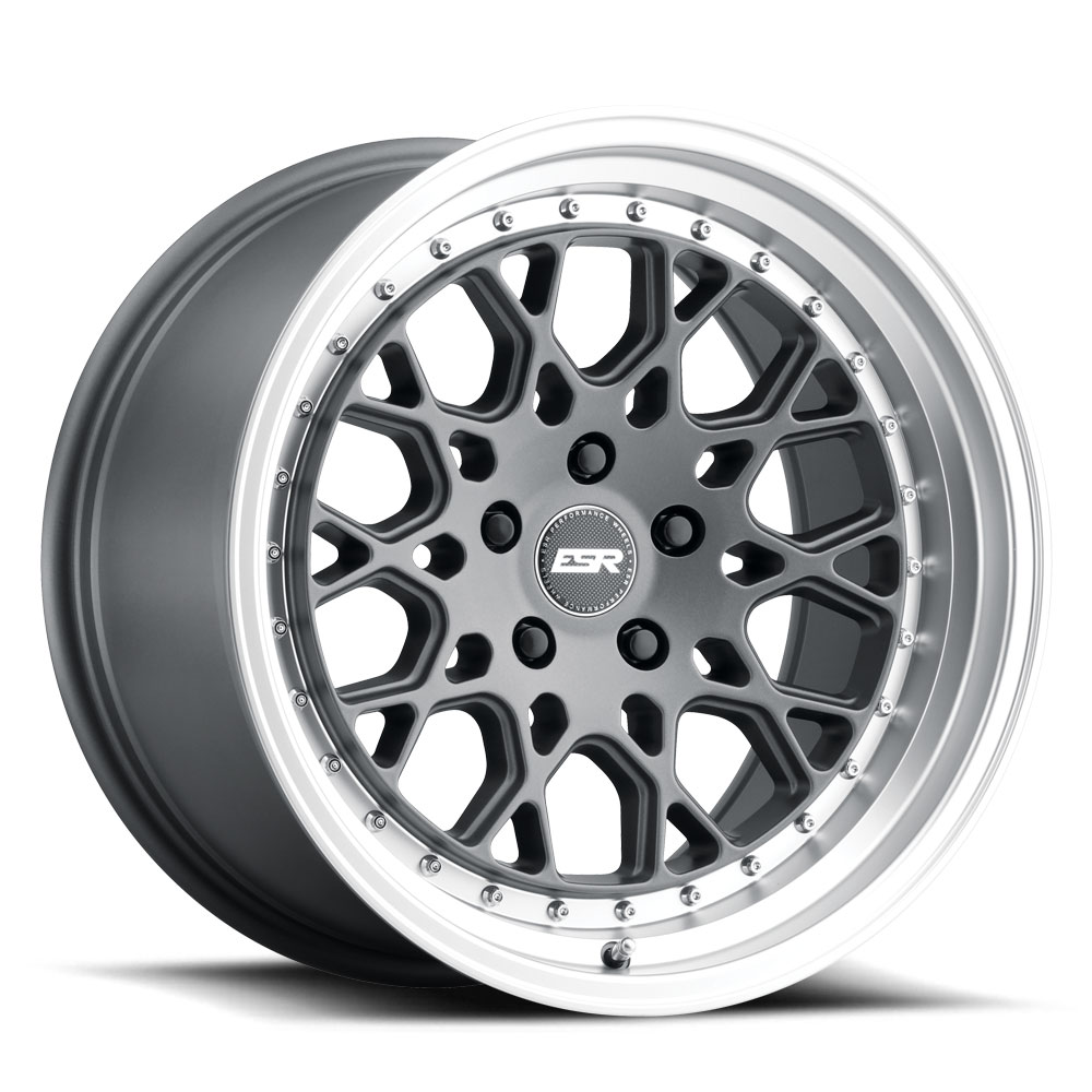 esr-cs3-wheel-5lug-matte-gunmetal-machined-lip-18x10-5-1000jpg - OPSHOLDERS Alloy car wheel with a multi-spoke mesh design and a polished lip, centered hub cap visible