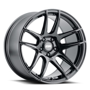 Glossy black alloy car wheel rim with a multi-spoke design