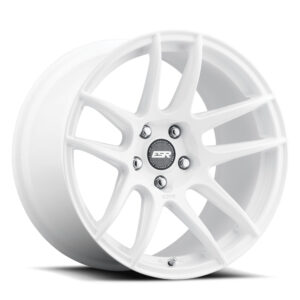 White ten-spoke alloy car wheel with a central hub cap and lug nut holes