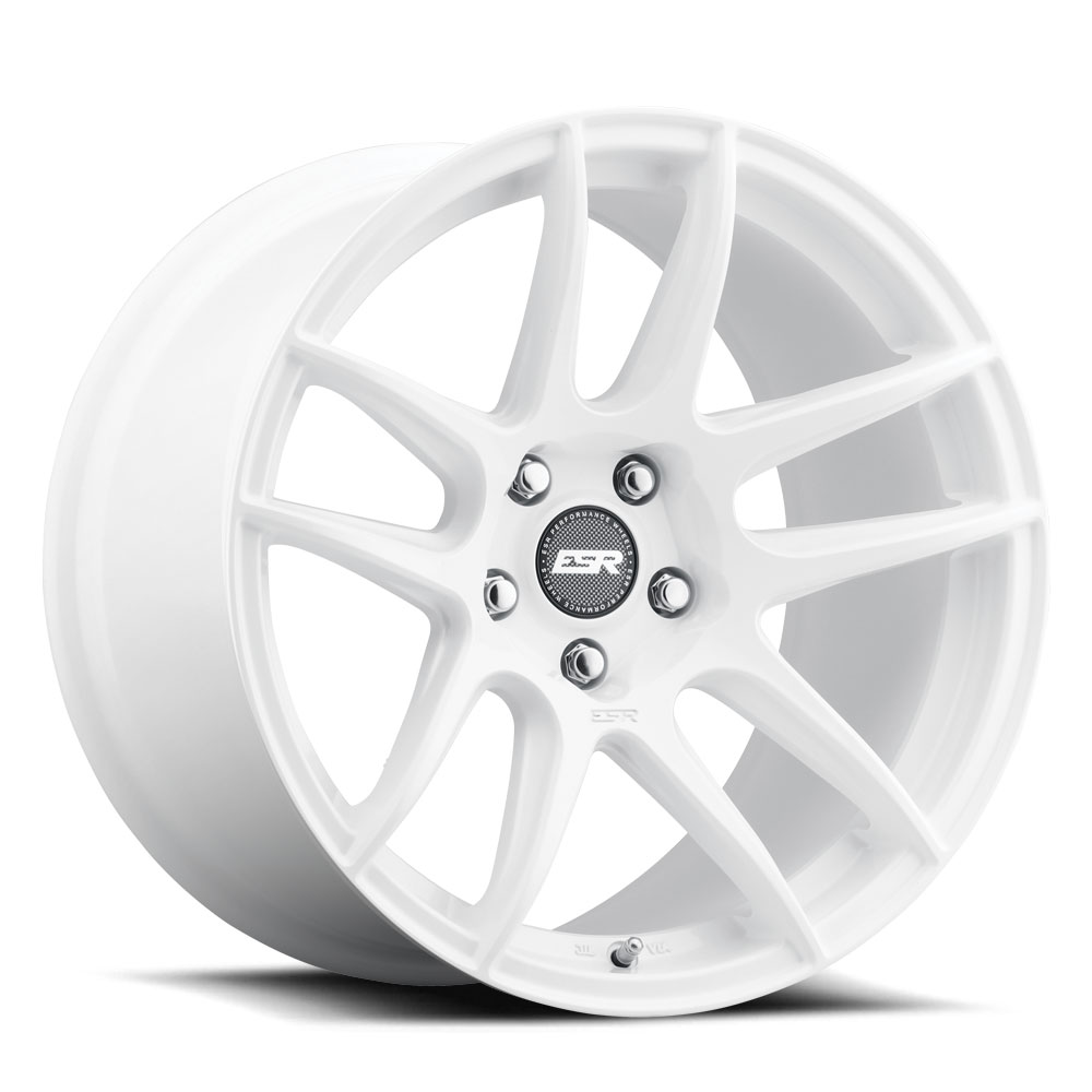 esr-cs8-wheel-5lug-gloss-white-18x10-5-1000jpg - OPSHOLDERS White ten-spoke alloy car wheel with a central hub cap and lug nut holes