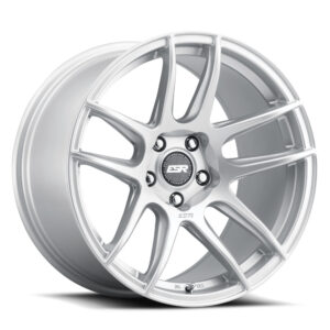 Silver multi-spoke alloy wheel rim for a car, centered hub with lug nut holes visible in a glossy finish.