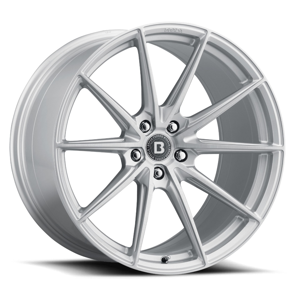 esr-cx1-wheel-5lug-brushed-20x11-2000jpg - OPSHOLDERS Silver alloy car wheel with eight split spokes and a central hub cap featuring a 'B' logo