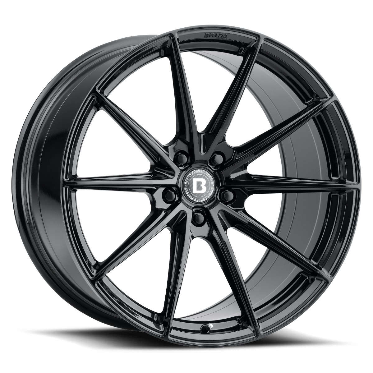 esr-cx1-wheel-5lug-gloss-black-20x11-2000jpg - OPSHOLDERS Black glossy multi-spoke alloy wheel with ten spokes and a central Brada-cap emblem, used on cars