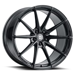 Glossy black multi-spoke alloy car wheel with a central hub cap and shiny finish.