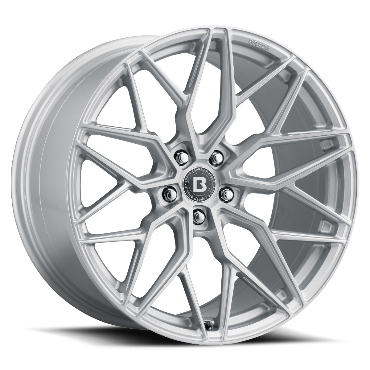 esr-cx3-wheel-5lug-brushed-20x11-2000jpg - OPSHOLDERS Silver alloy wheel with a complex, angular multi-spoke design and a central cap bearing a 'B' logo