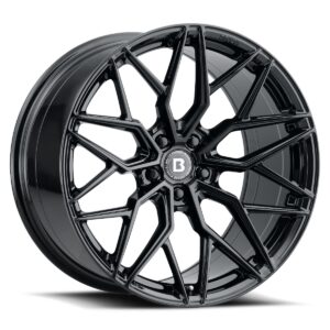 Black glossy alloy wheel with a complex multi-spoke design and a branded center cap