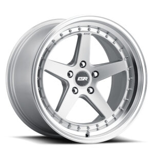 Silver alloy wheel with five spokes and a riveted outer lip, centered logo visible