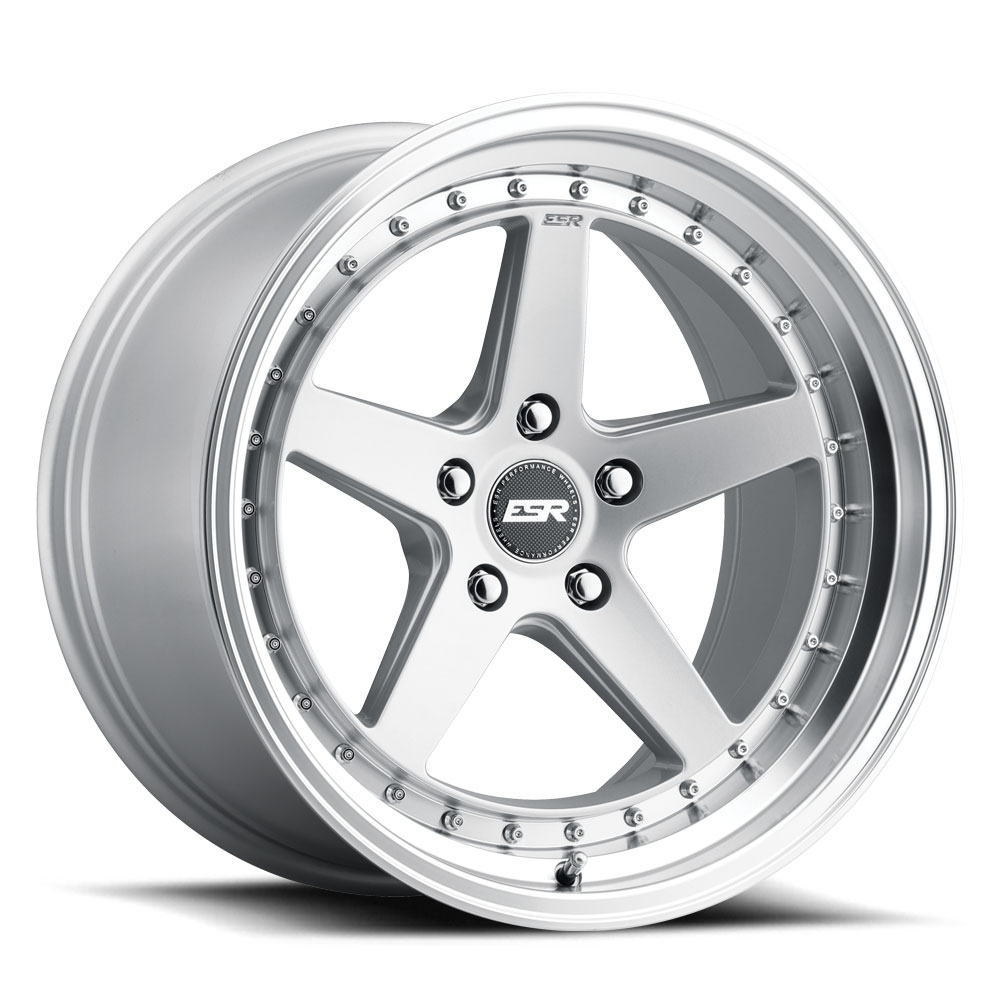 esr-s5-wheel-5lug-silver-machined-lip-18x10-5-1000jpg - OPSHOLDERS Silver alloy wheel with five spokes and a riveted outer lip, centered logo visible