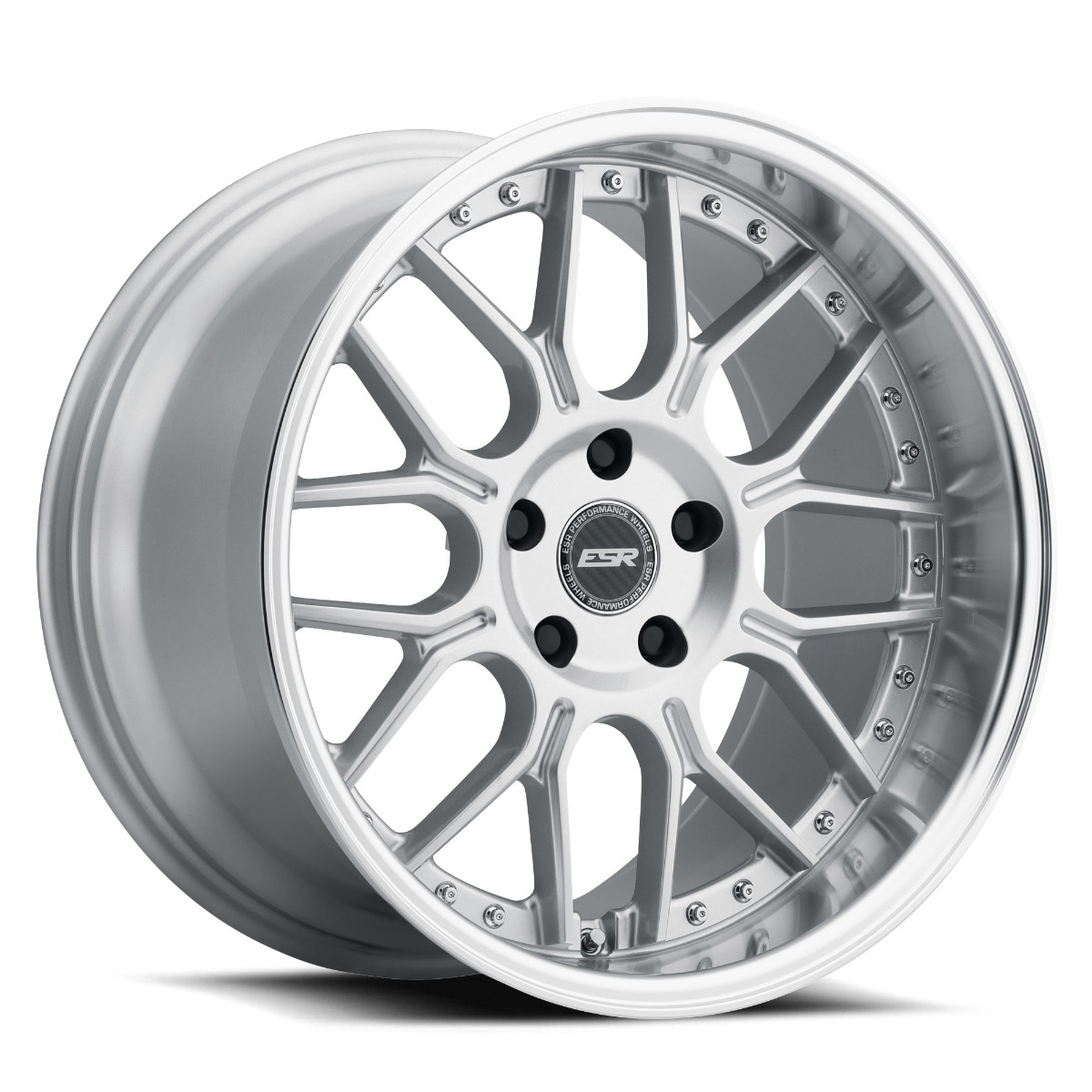 esr-sc8-wheel-5lug-silver-18x10-2000_2jpg - OPSHOLDERS Silver multi-spoke alloy car wheel with center cap and bolt details (brand: ESR)