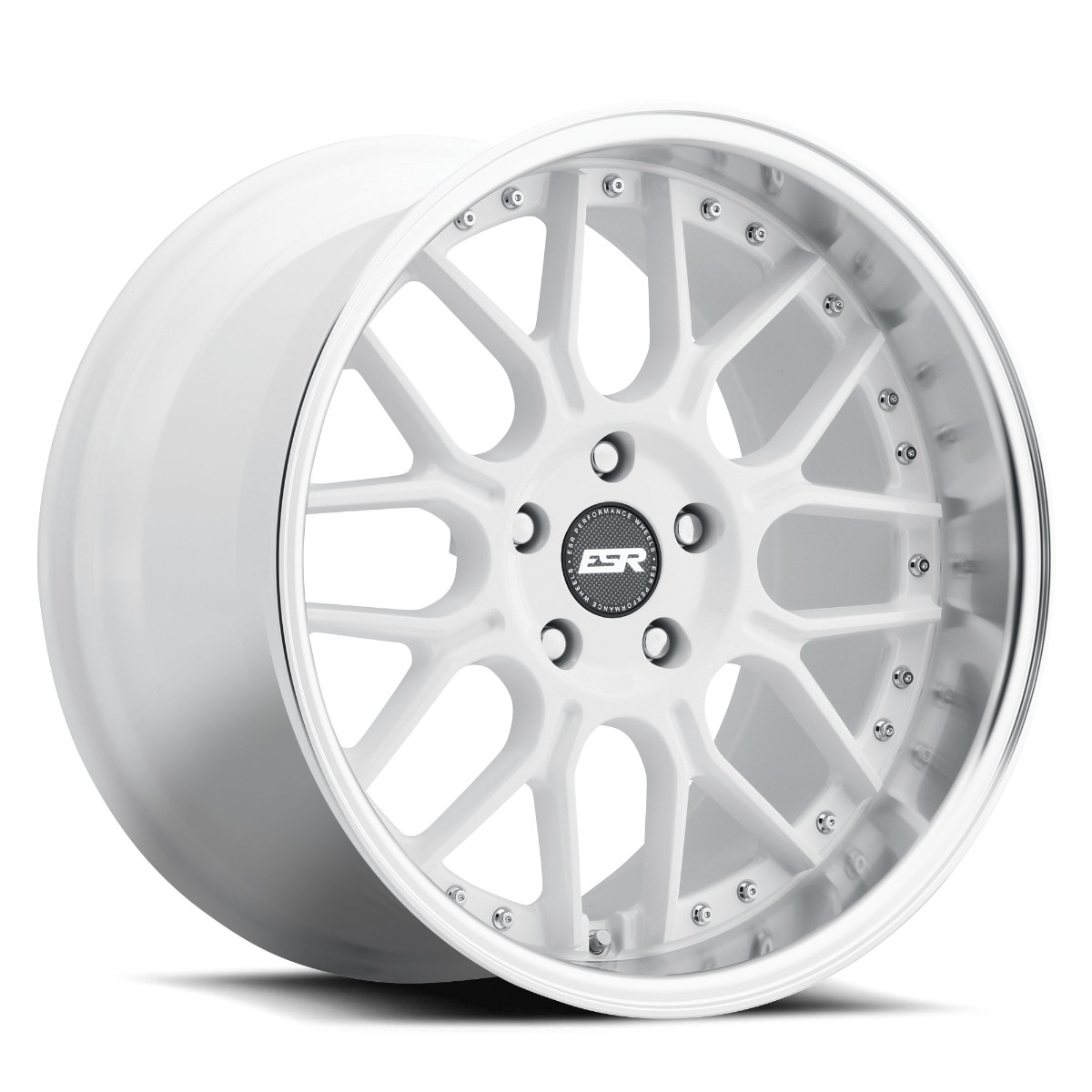 esr-sc8-wheel-5lug-white-18x10-2000jpg - OPSHOLDERS White multi‑spoke alloy car wheel with a polished lip and center cap logo