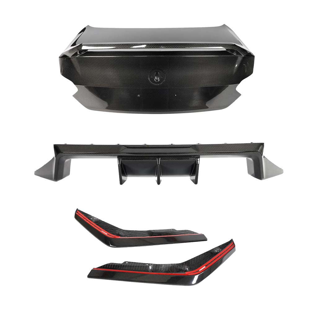 img_21_561126f9-ad6c-4a2a-a3cd-0125a5878fdejpg - OPSHOLDERS Carbon fiber automotive aero kit pieces: rear wing spoiler, diffuser, and red-accent side skirts laid out for installation
