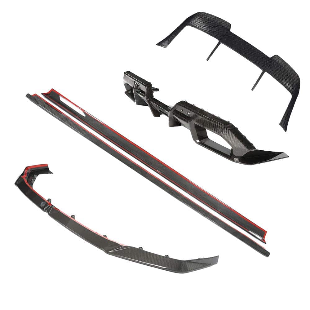 img_4_11bd89d8-818c-4a45-b40a-3401493206b4jpg - OPSHOLDERS Carbon fiber aerodynamic kit components: front splitter, side skirts, rear diffuser, and rear wing for a sports car.