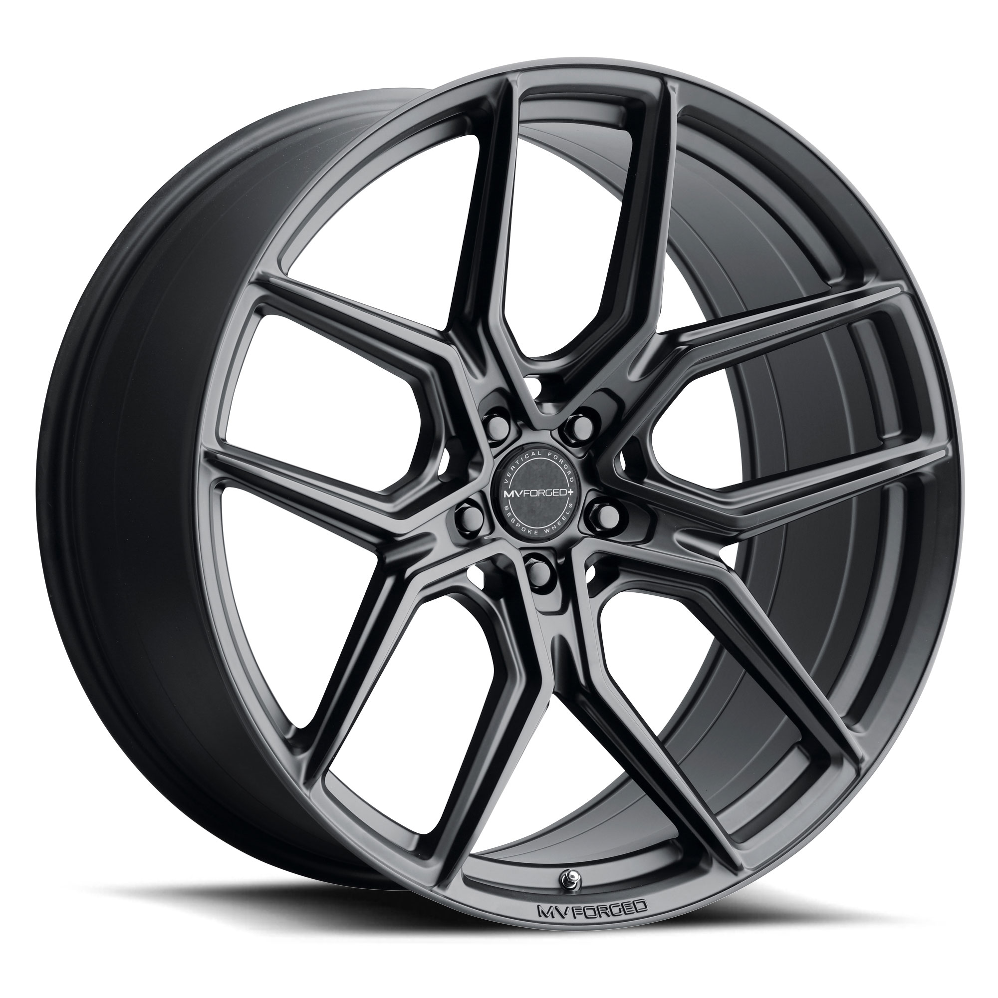 mv-forged-wheel-5lug-matte-black-22x10-2000_bav0mfgcqcyivxkvjpg - OPSHOLDERS Close-up view of a black forged alloy wheel with multiple spokes and a center cap reading MYFORGED