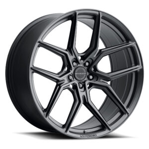 Close-up of a glossy black forged alloy wheel with multi-spoke design against a white background, center cap visible.